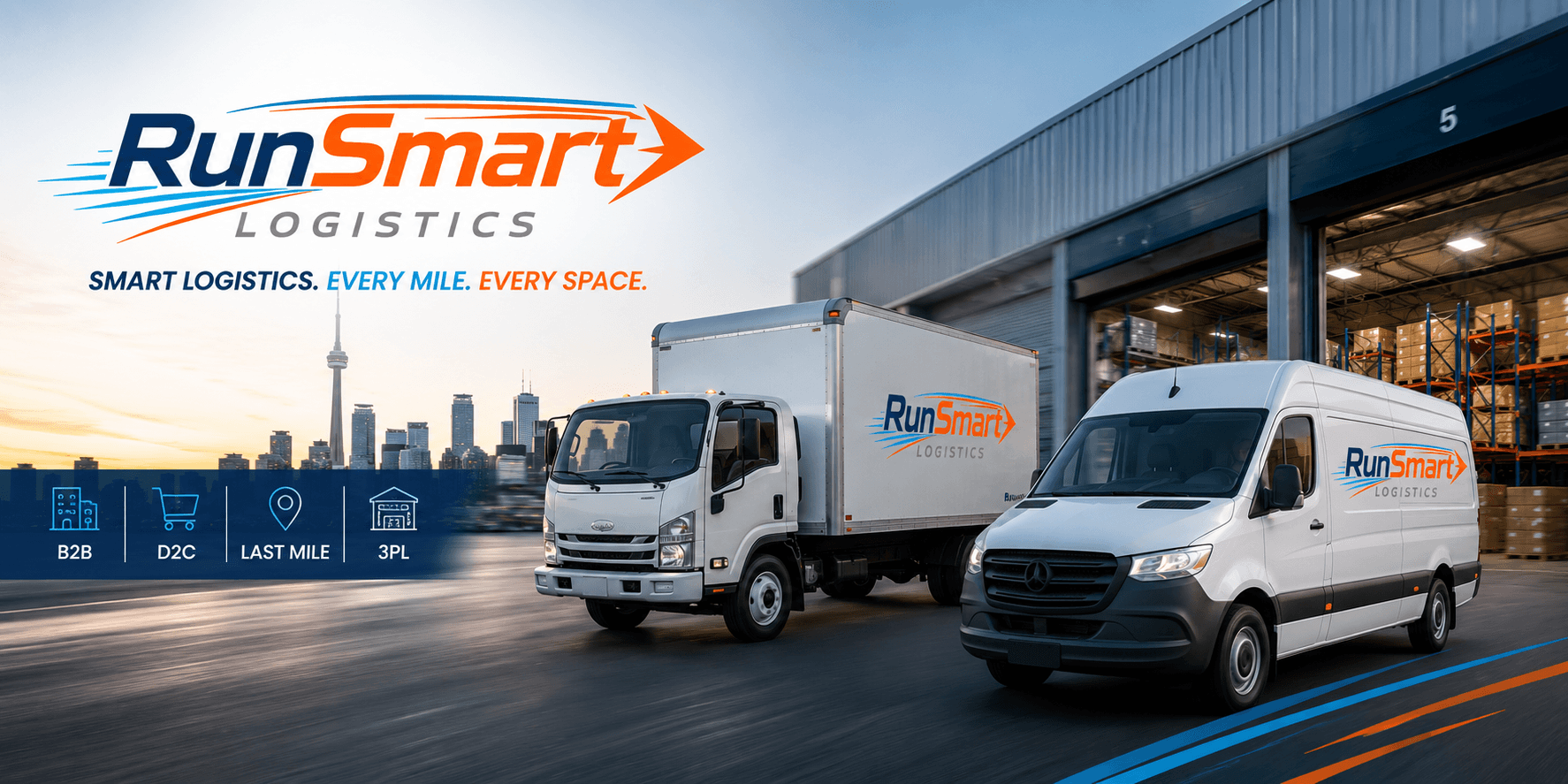 RunSmart Logistics trucks and cargo van in front of a warehouse with the Toronto skyline