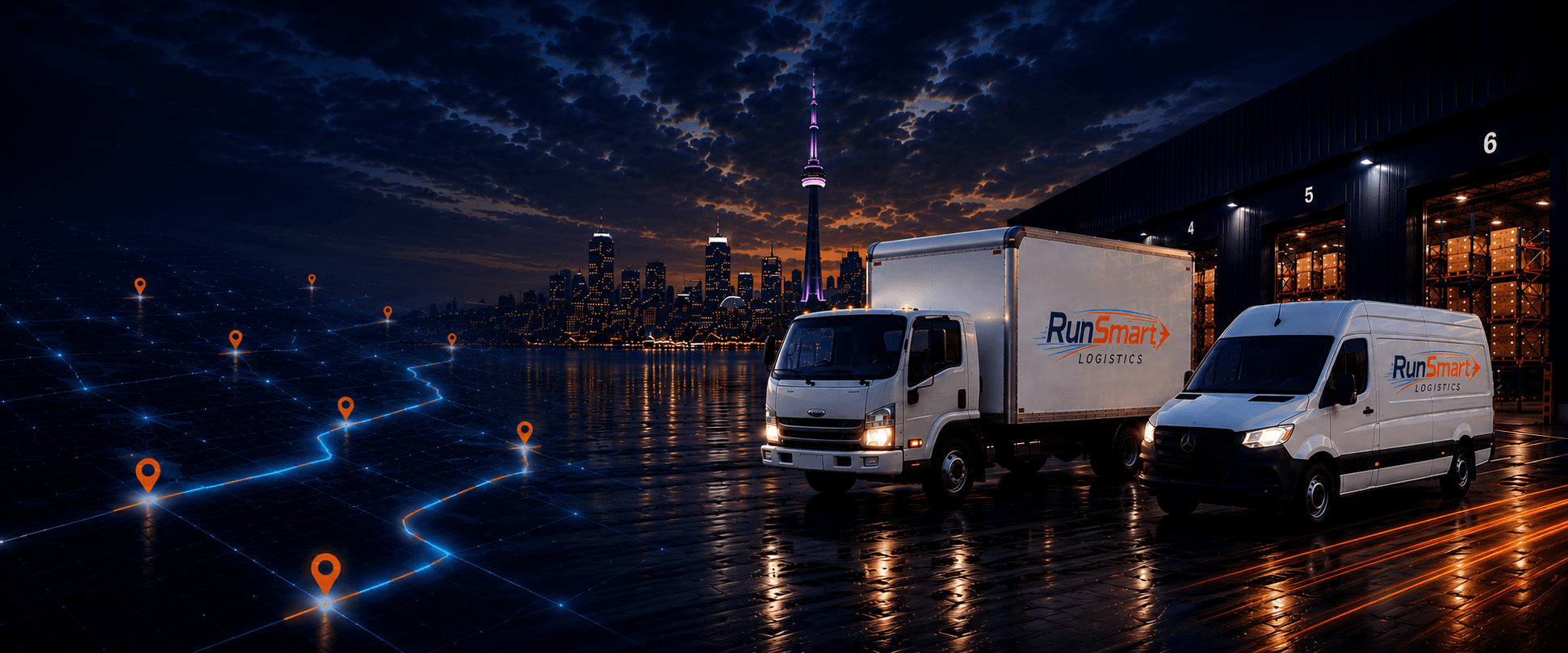 RunSmart Logistics trucks and cargo van in front of a warehouse with the Toronto skyline